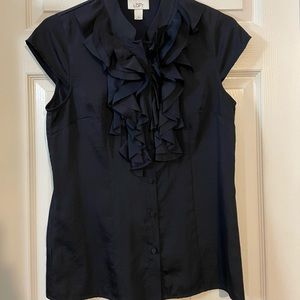 Navy Loft Short Sleeve Ruffle Blouse Button Up